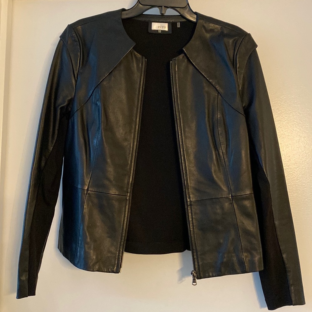 Ecru Black Leather Jacket. Size: Small